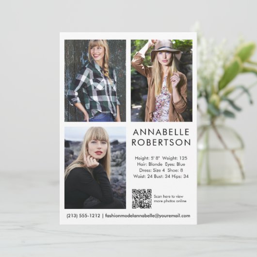 Modern Model Actor 3 Fotos QR Code Comp Card Einladung (Stehend Vorderseite)