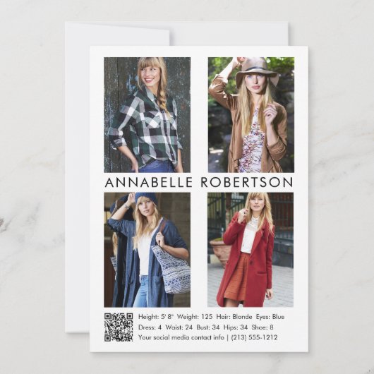 Modern Model Actor 5 Foto QR Code Comp Card Einladung (Rückseite)