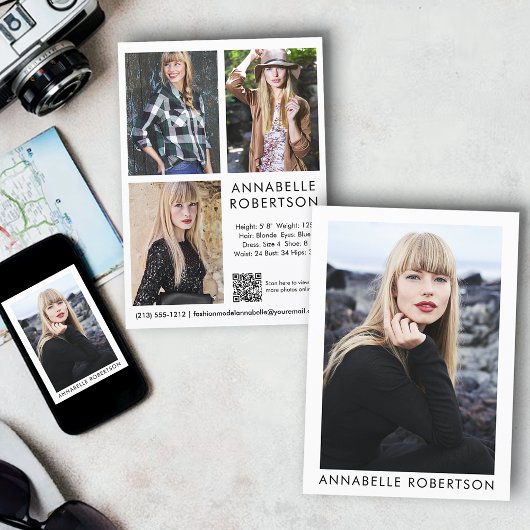 Modern Model Actor QR Code 4 Foto Comp Card Einladung