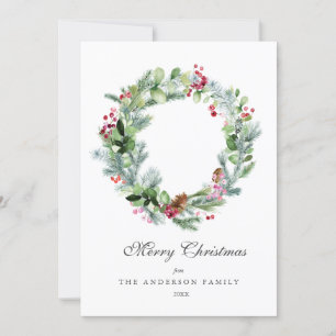 Modern moderner Watercolor Wreath Evergreen und Be Feiertagskarte
