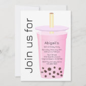 Modern moderner, weißer und rosa Boba Tea Geburtst Einladung (Vorderseite)