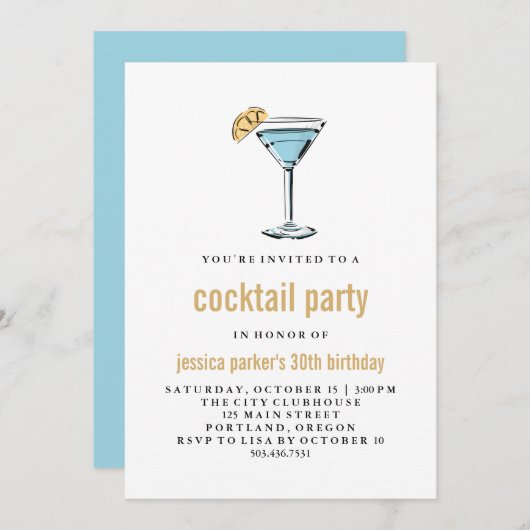 Modern modernes Party mit blauen und goldenen Cock Einladung (Vorne/Hinten)