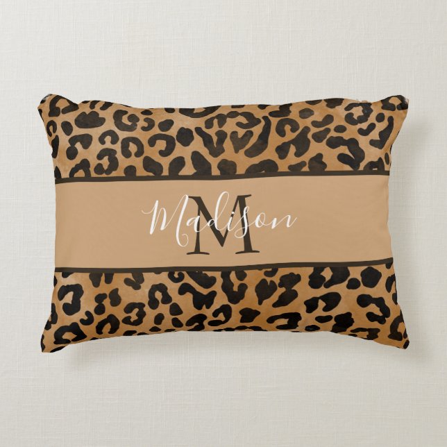 Modern modischer Chic Leopard Muster Monogram Name Dekokissen (Vorderseite)