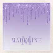 Modern modischer Lila Glitzer Monogram Glasuntersetzer (Vorderseite)