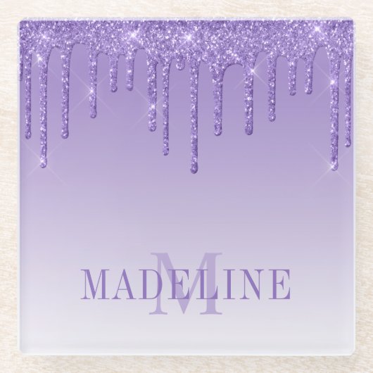 Modern modischer Lila Glitzer Monogram Glasuntersetzer (Vorderseite)
