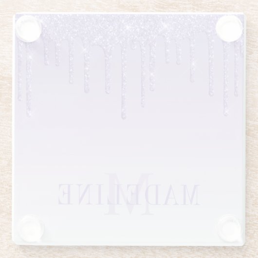 Modern modischer Lila Glitzer Monogram Glasuntersetzer (Rückseite)