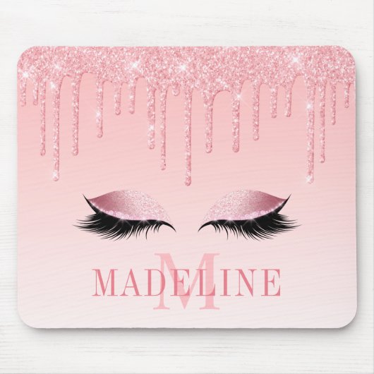 Modern modischer rosa Glitzer Lashes Monogram Mousepad (Vorne)