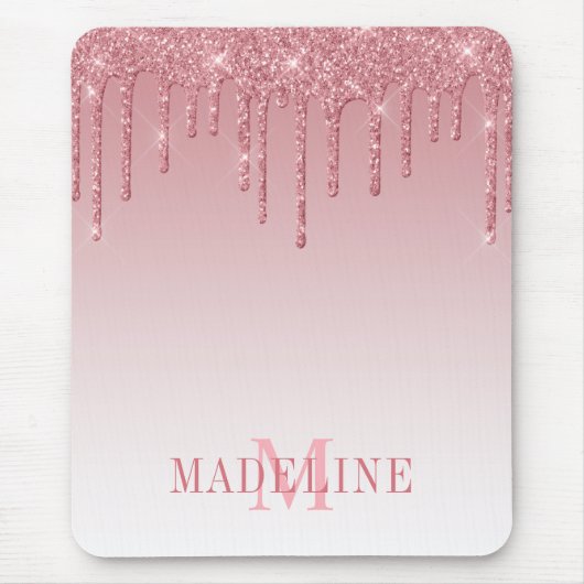Modern modischer, rosafarbener Monogramm-Glitzer Mousepad (Vorne)