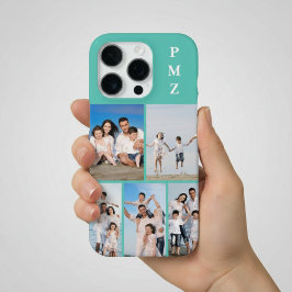 Modern Monogram 5 Photo Collage Aqua Blue Teal iPhone 16 Pro Hülle