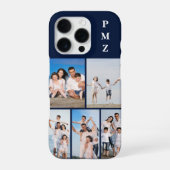 Modern Monogram 5 Photo Collage Dark Navy Blue iPhone Hülle (Rückseite)