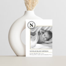 Modern Monogram Baby Boy Birth Announccard