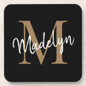 Modern Monogram Black Gold Feminine Script Name Getränkeuntersetzer (Vorderseite)