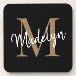 Modern Monogram Black Gold Feminine Script Name Getränkeuntersetzer