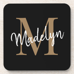 Modern Monogram Black Gold Feminine Script Name Getränkeuntersetzer