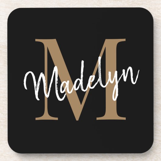 Modern Monogram Black Gold Feminine Script Name Getränkeuntersetzer (Vorderseite)