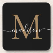 Modern Monogram Black Gold Feminine Script Name Getränkeuntersetzer (Vorderseite)