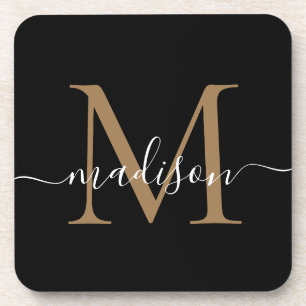 Modern Monogram Black Gold Feminine Script Name Getränkeuntersetzer