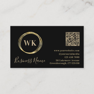 Modern Monogram Black Gold QR Code Visitenkarte