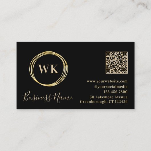 Modern Monogram Black Gold QR Code Visitenkarte (Vorderseite)