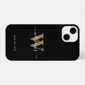Modern Monogram Black Gold Script Initial Name iPhone Hülle (Rückseite (Horizontal))