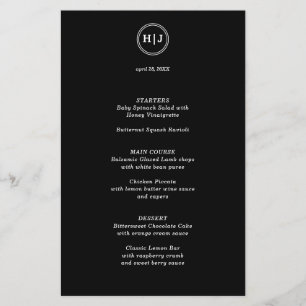 Modern Monogram Black Paper Menu Flyer