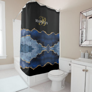 Modern Monogram Blue Black Agate Gold Duschvorhang