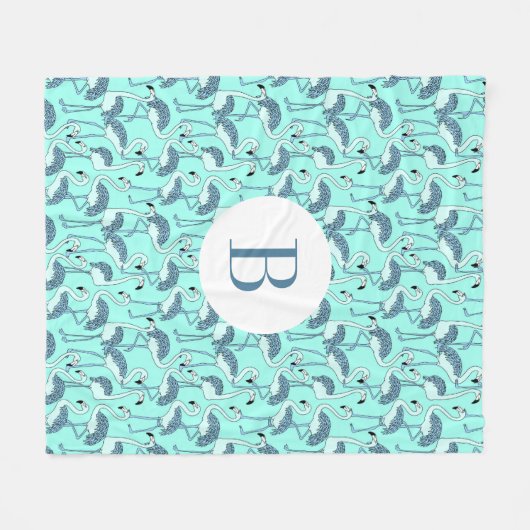 Modern Monogram Blue Flamingos Fleecedecke (Vorderseite (Horizontal))