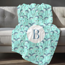 Modern Monogram Blue Flamingos