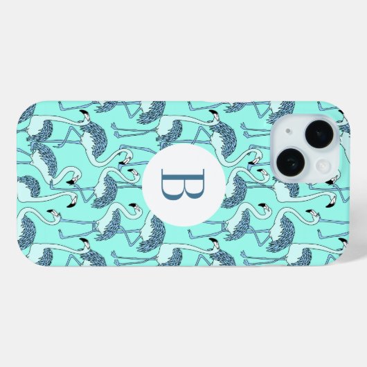 Modern Monogram Blue Flamingos Pattern Case-Mate iPhone Hülle (Rückseite (Horizontal))