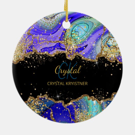 Modern Monogram Blue Green Gold Keramik Ornament (Hinten)