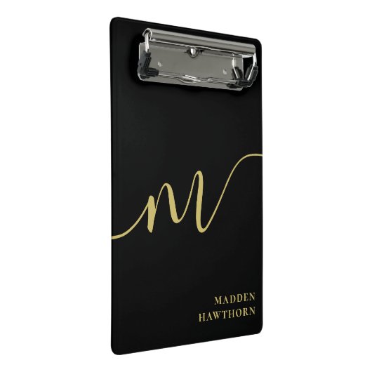 Modern Monogram Calligraphy Black Gold Name Mini Klemmbrett (Schrägansicht)