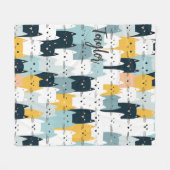 Modern Monogram Cat Pattern Blau Gelb Weiß Fleecedecke (Vorderseite (Horizontal))