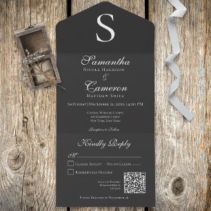 Modern Monogram Charcoal QR Code All In One Einladung
