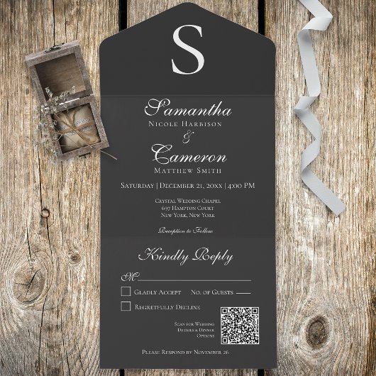 Modern Monogram Charcoal QR Code All In One Einladung