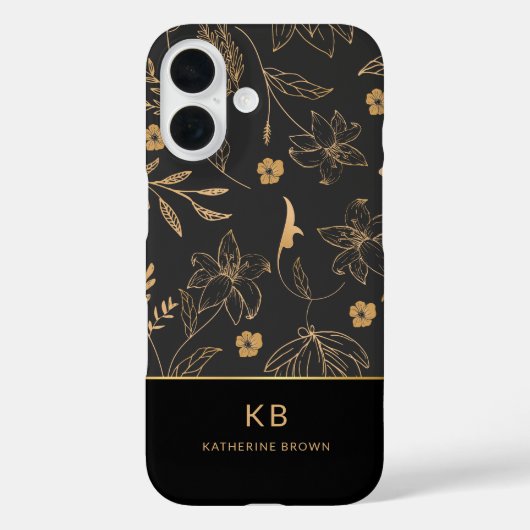 Modern Monogram Elegant Black Gold Floral Pattern Case-Mate iPhone Hülle (Rückseite)