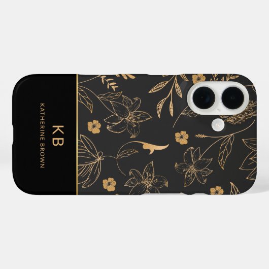 Modern Monogram Elegant Black Gold Floral Pattern Case-Mate iPhone Hülle (Rückseite (Horizontal))