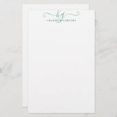 Modern Monogram Extravagant Script Initials Green Briefpapier (Vorne/Hinten)