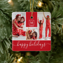Modern Monogram Foto Collage Happy Holiday Red