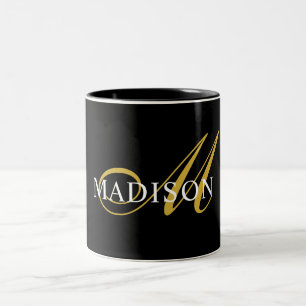 Modern Monogram Gold Schwarz-weißer Script Name Zweifarbige Tasse