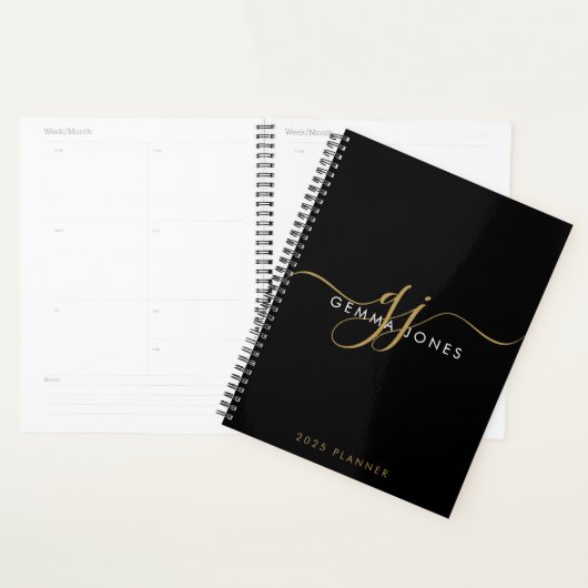 Modern Monogram Gold Script Initials Name Black Planer (Anzeige)