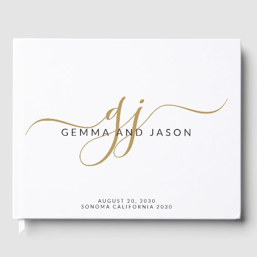 Modern Monogram Gold Script Name White Gästebuch (Vorderseite)