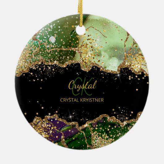 Modern Monogram Green lila Agate Glitzer Keramik Ornament (Hinten)