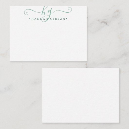 Modern Monogram Green Script Initial Note Card Mitteilungskarte (Vorne/Hinten)