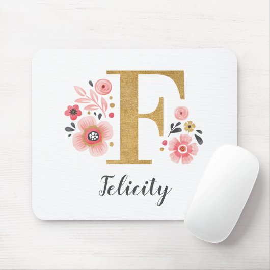 Modern Monogram, Initial Girly Pink Floral Mousepad (Mit Mouse)