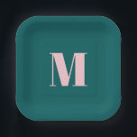 Modern monogram, Initial Letter Green Pink Pappteller<br><div class="desc">Präftiges,  einfaches,  minimalistisches Party mit monogrammatischem Design in tiefblaugrünen und pastellrosa Farbtönen.</div>