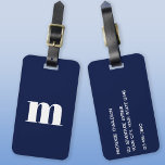 Modern Monogram Initial Navy Blue Gepäckanhänger<br><div class="desc">Moderne Kleinschreibung Typografie minimalistisches Monogramm Initialdesign,  das in Personalisierung umgewandelt werden kann,  zusammen mit den Details auf der Rückseite. Weiß auf marineblau-blauem Hintergrund.</div>