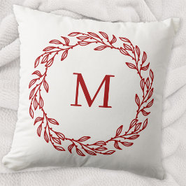 Modern Monogram Initial Red Leaf und Berry Wreath Kissen