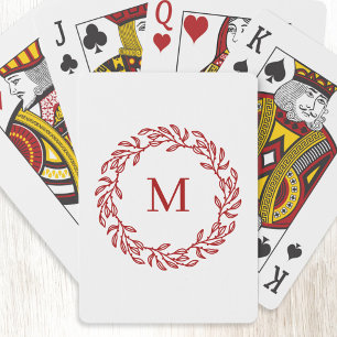 Modern Monogram Initial Red Leaf und Berry Wreath Spielkarten