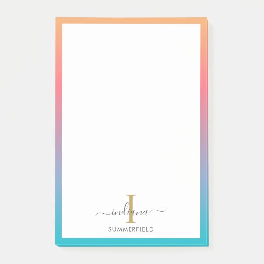 Modern Monogram Initial Script Blue Orange Ombre Post-it Klebezettel (Vorderseite)