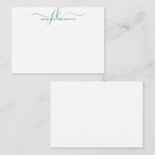 Modern Monogram Initial Script Green Note Mitteilungskarte (Vorne/Hinten)